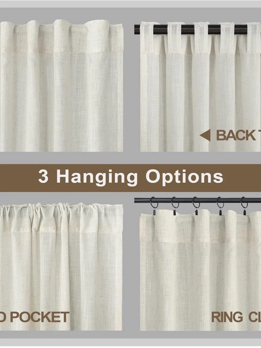New Pitalk back tab linen blend sheer Curtains Natural 60X90In Long 2 Panels